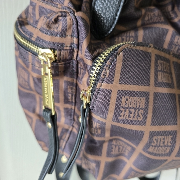 Steve Madden Backpack Black Brown Monogram Carryall Women Large Excellent - Picture 6 of 16
